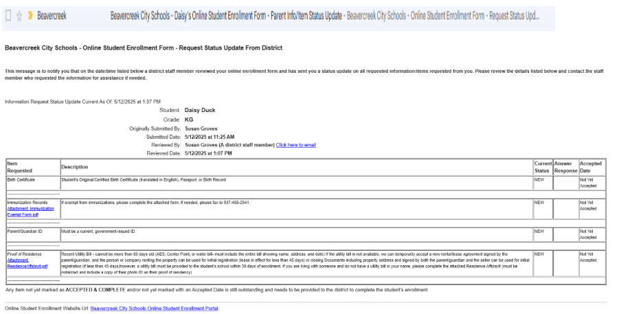 Image of Email Received from OneView after submission