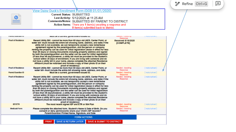 Screenshot of directions to upload documents into OneView