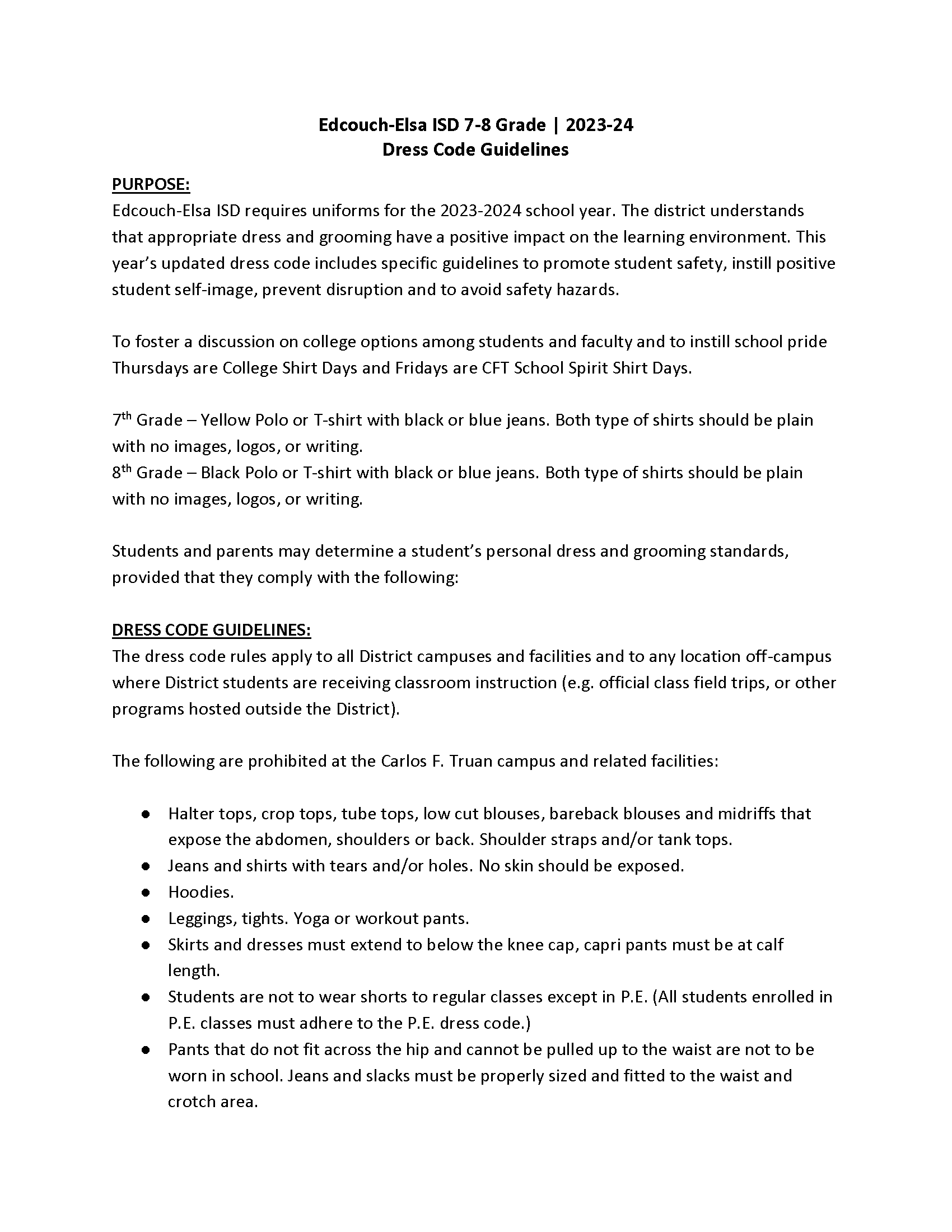 Student Dress Code 2023-2024 | Carlos F. Truan Jr. High School