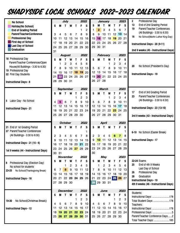 District Calendar Shadyside Schools
