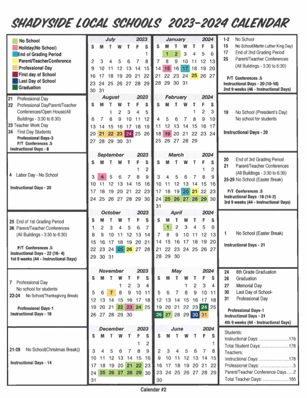 District Calendar Shadyside Schools