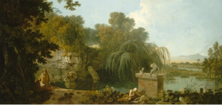 classical landscape with trees and lake