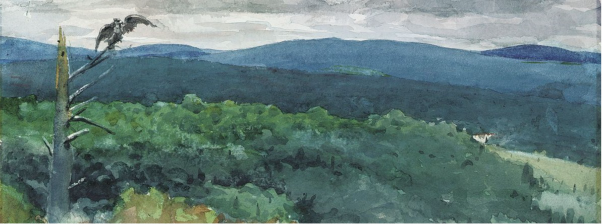 landscape painting with trees and blue mountains and meadows