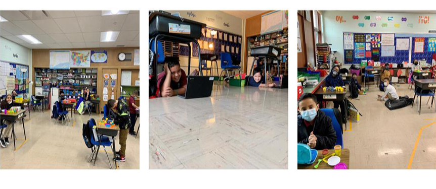 3 picture collage of students in a social distanced classroom