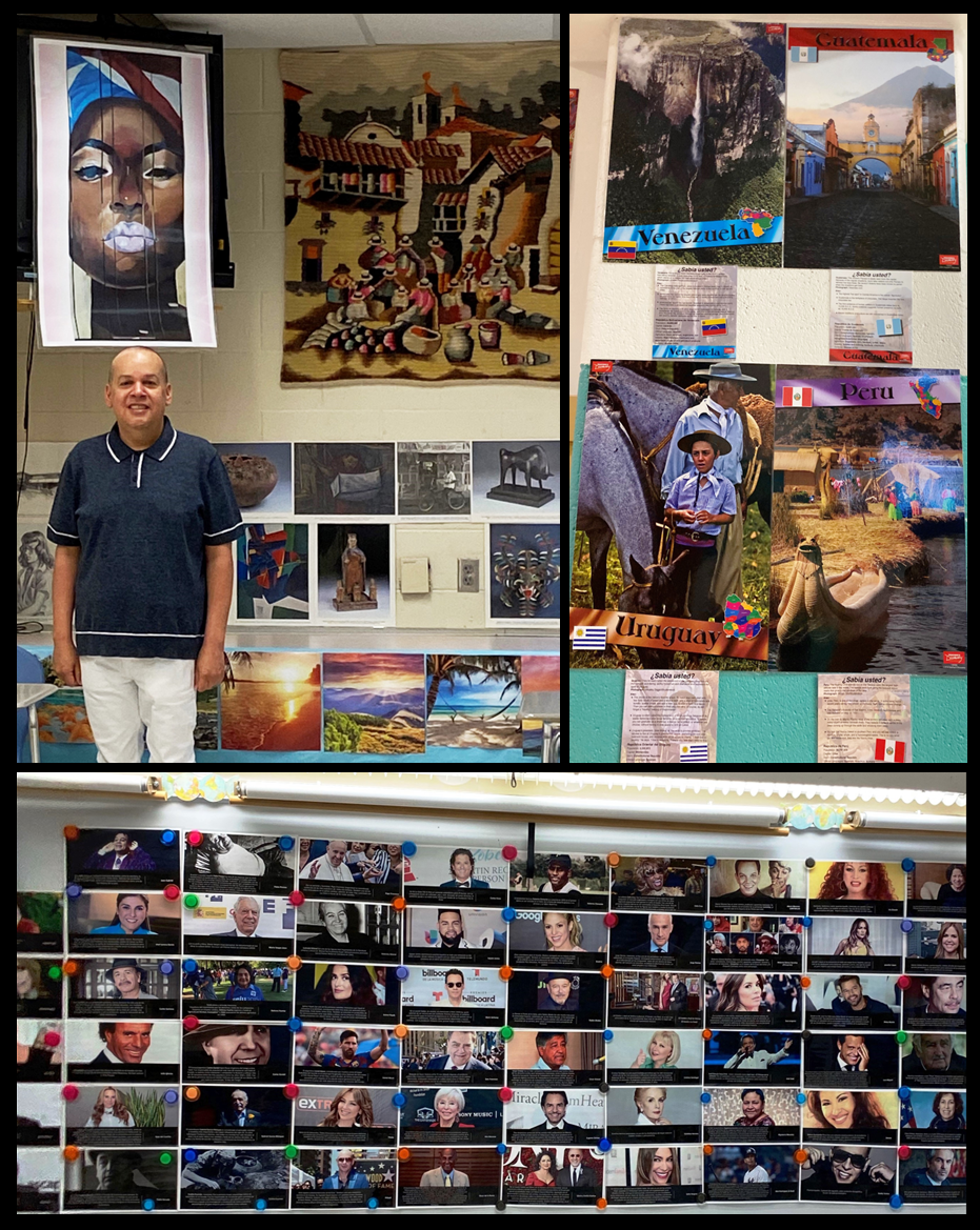artwork and pictures in classroom with teacher