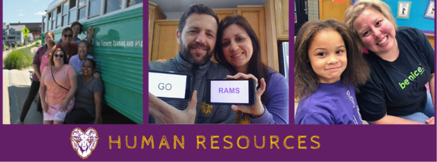 Human Resources: images of staff outside, staff at home, and staff member with a student