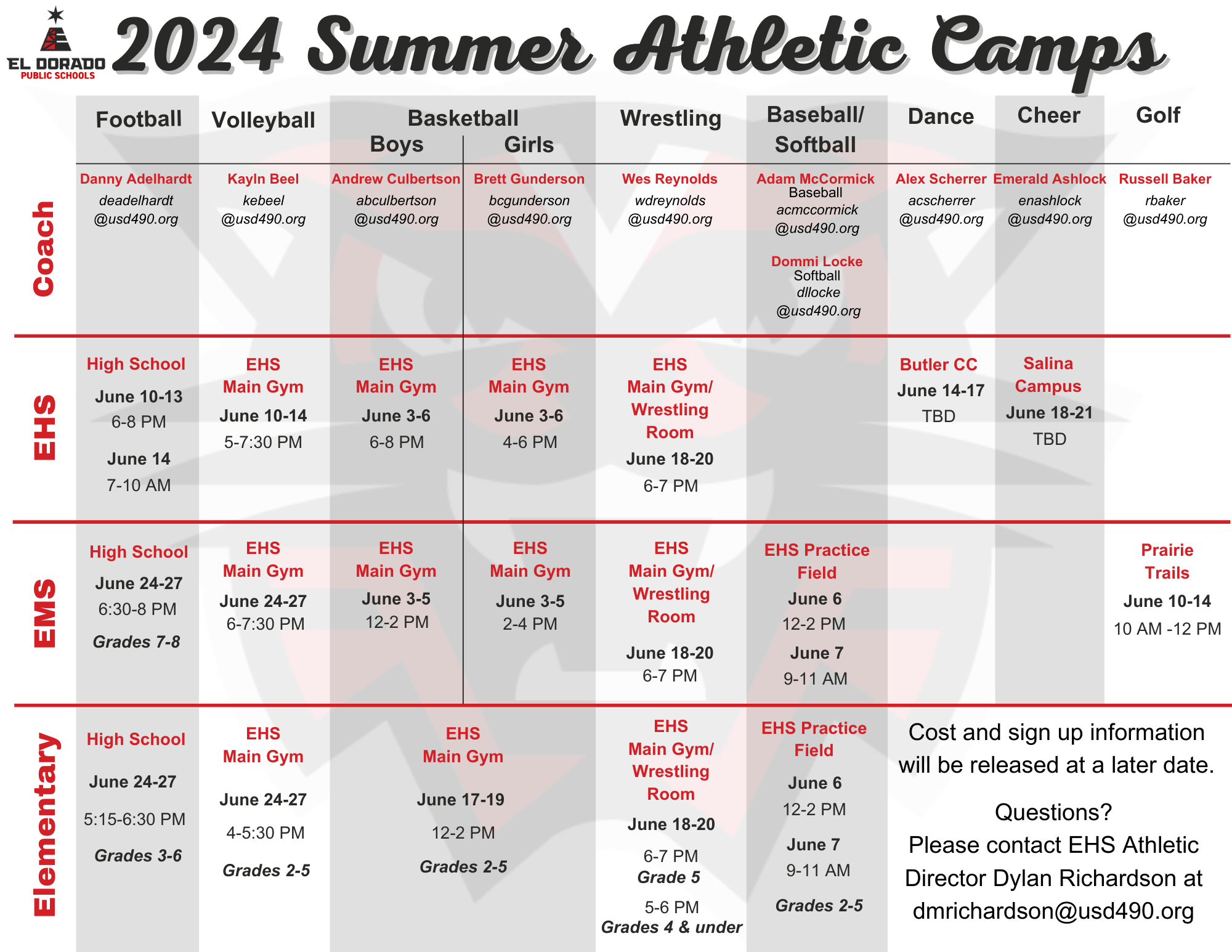 Summer Athletic Camp Schedule