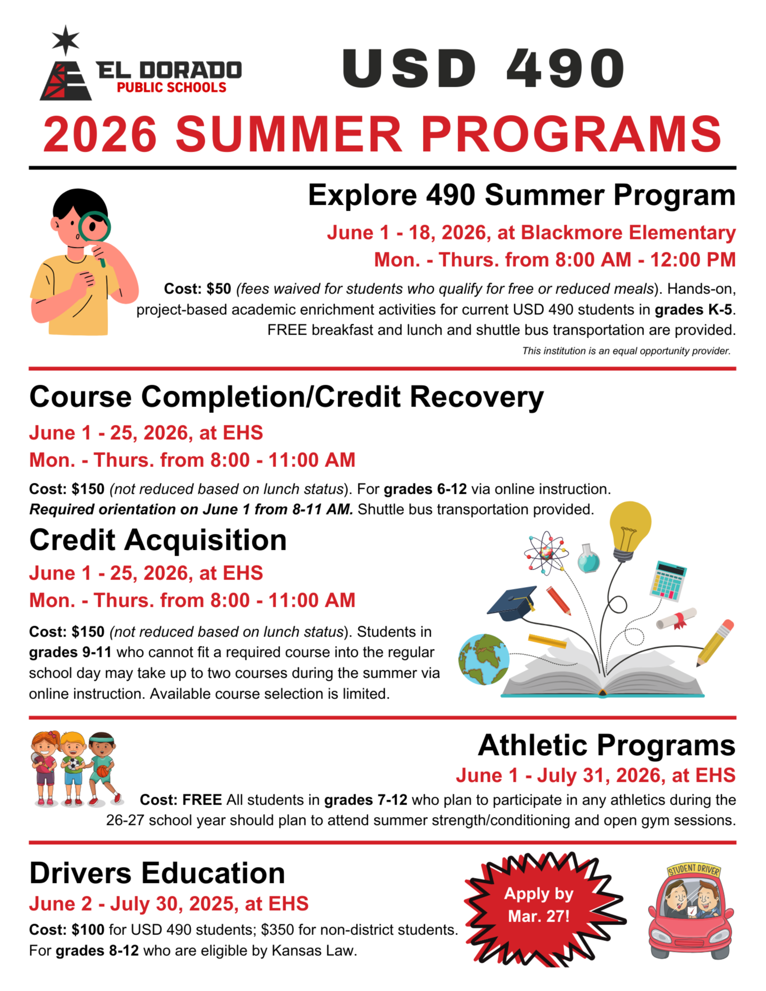 USD 490 Summer Programs 2026 recap of information on web page below.