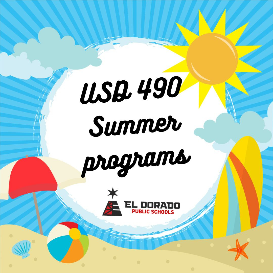 USD 490 summer programs graphic with the sun, beach, surf board, beach ball, shell, starfish and umbrella