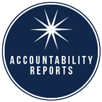 Dark blue circle with a white 9-point starburst with "Accountability Reports" in white text