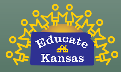 "Educate Kansas" white text in a blue box on top of a green rectangle with yellow stick people outlines