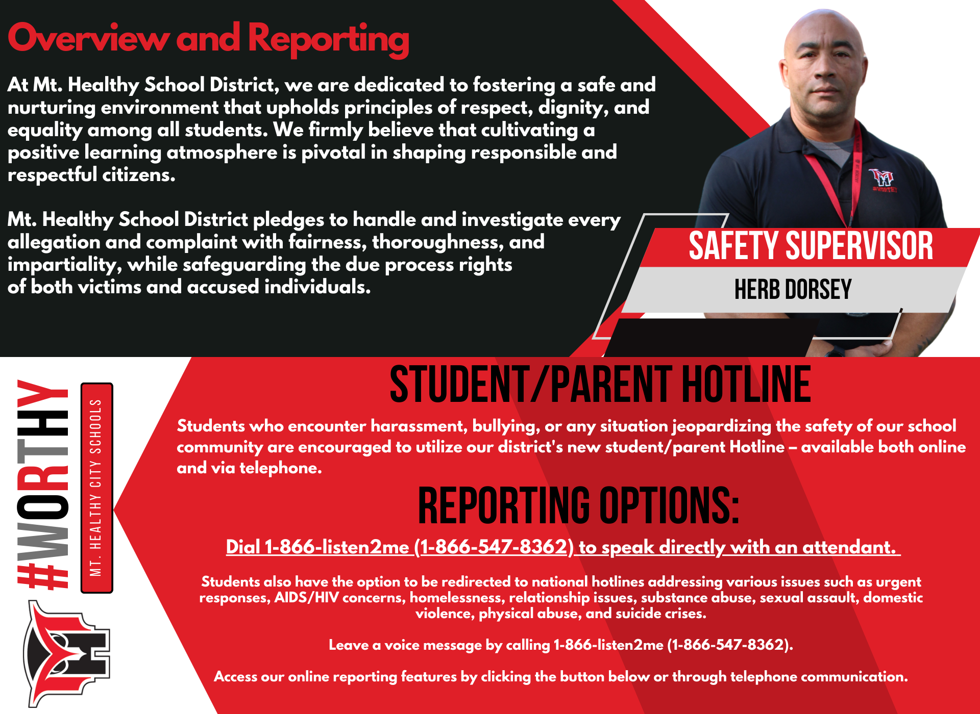 Dial 1-866-listen2me (1-866-547-8362) to speak directly with an attendant.   Students also have the option to be redirected to national hotlines addressing various issues such as urgent responses, AIDS/HIV concerns, homelessness, relationship issues, substance abuse, sexual assault, domestic violence, physical abuse, and suicide crises.  Leave a voice message by calling 1-866-listen2me (1-866-547-8362).  Access our online reporting features by clicking the button below or through telephone communication.