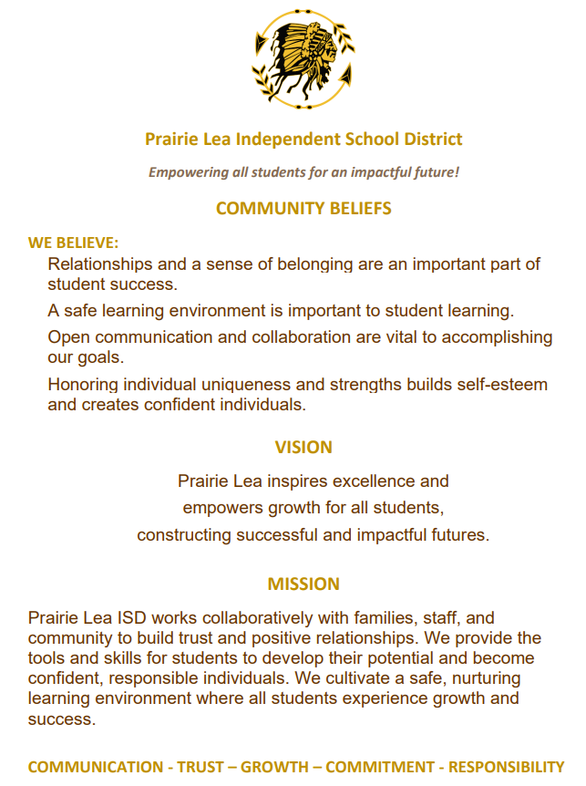 Mission Statement Prairie Lea Independent School District