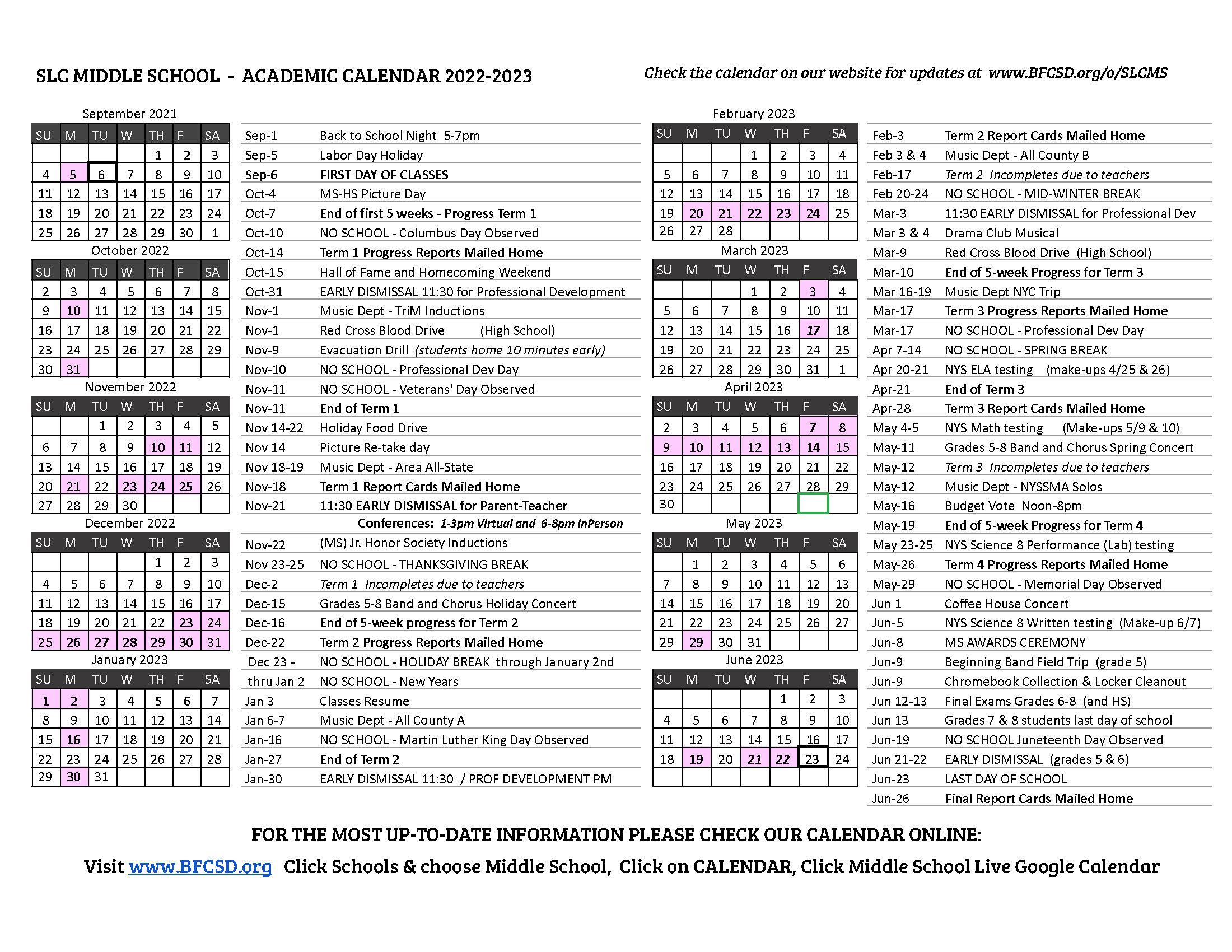 MS Academic Calendar of Events St. Lawrence Central Middle School