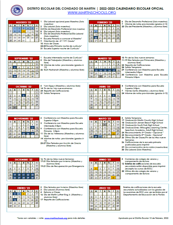 2022-2023 Instructional Calendar (Spanish)