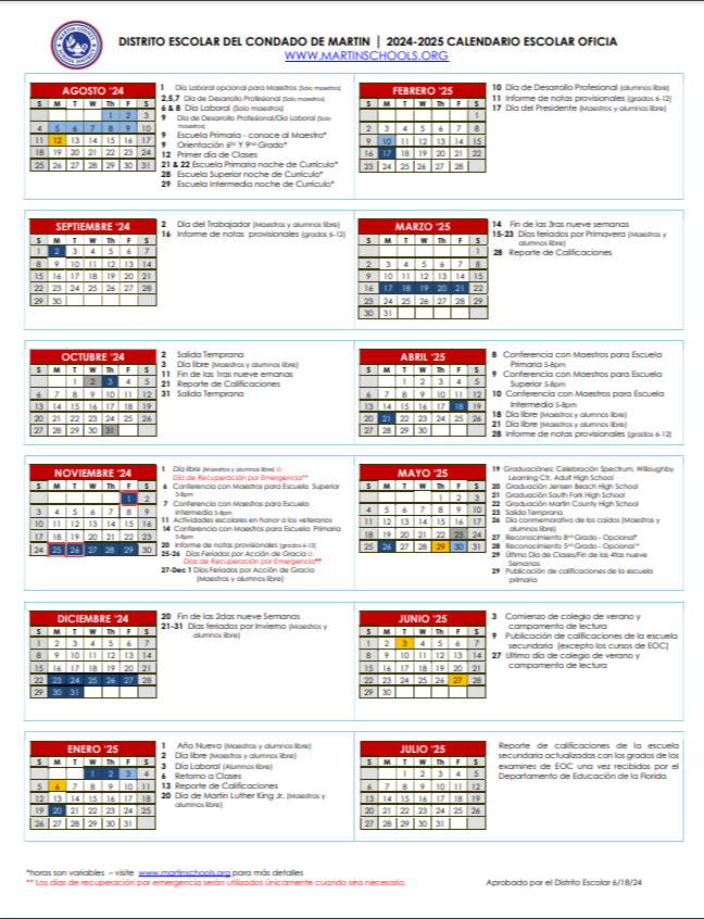 2024-2025 Instructional Calendar (Spanish)