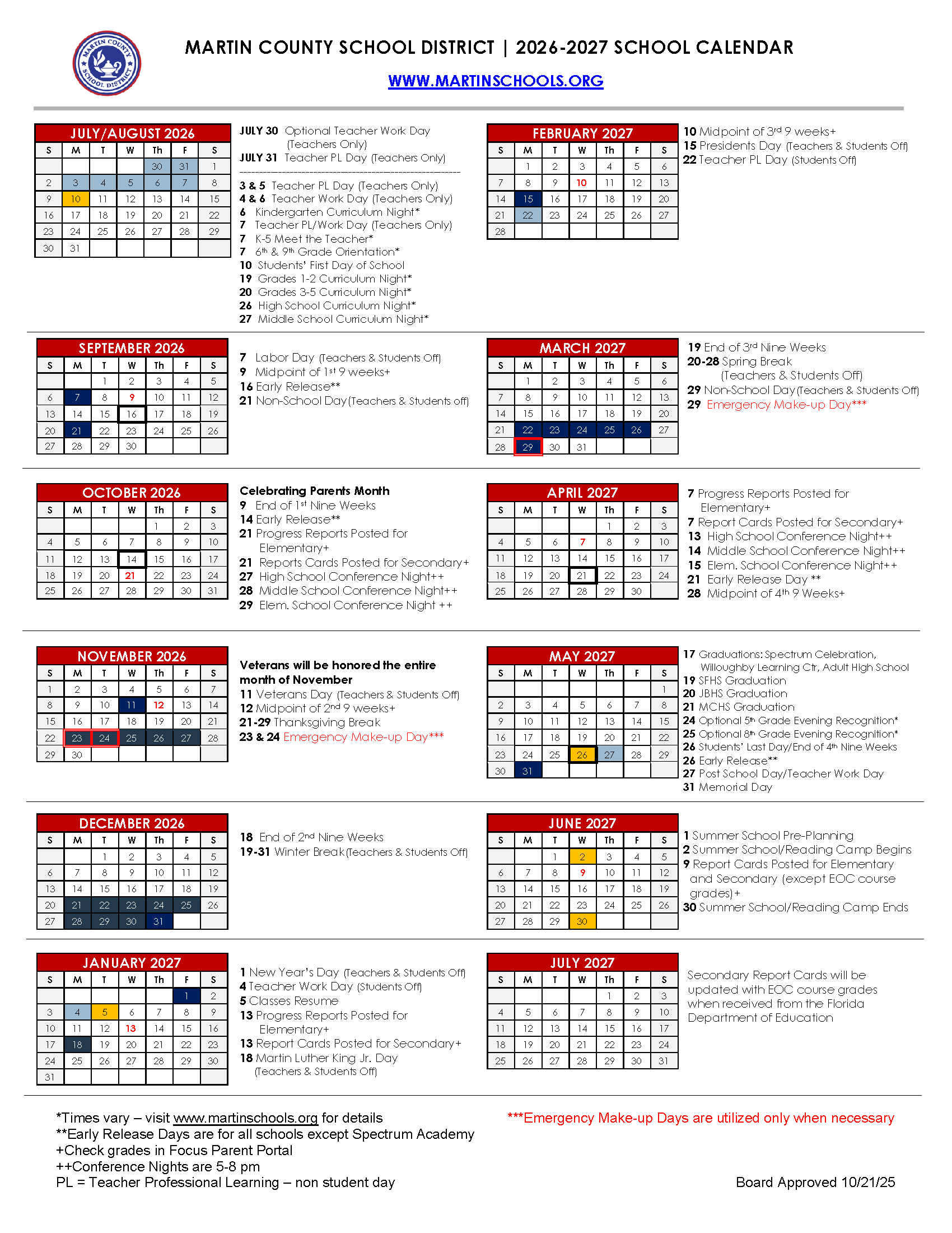 2026-2027 School Calendar