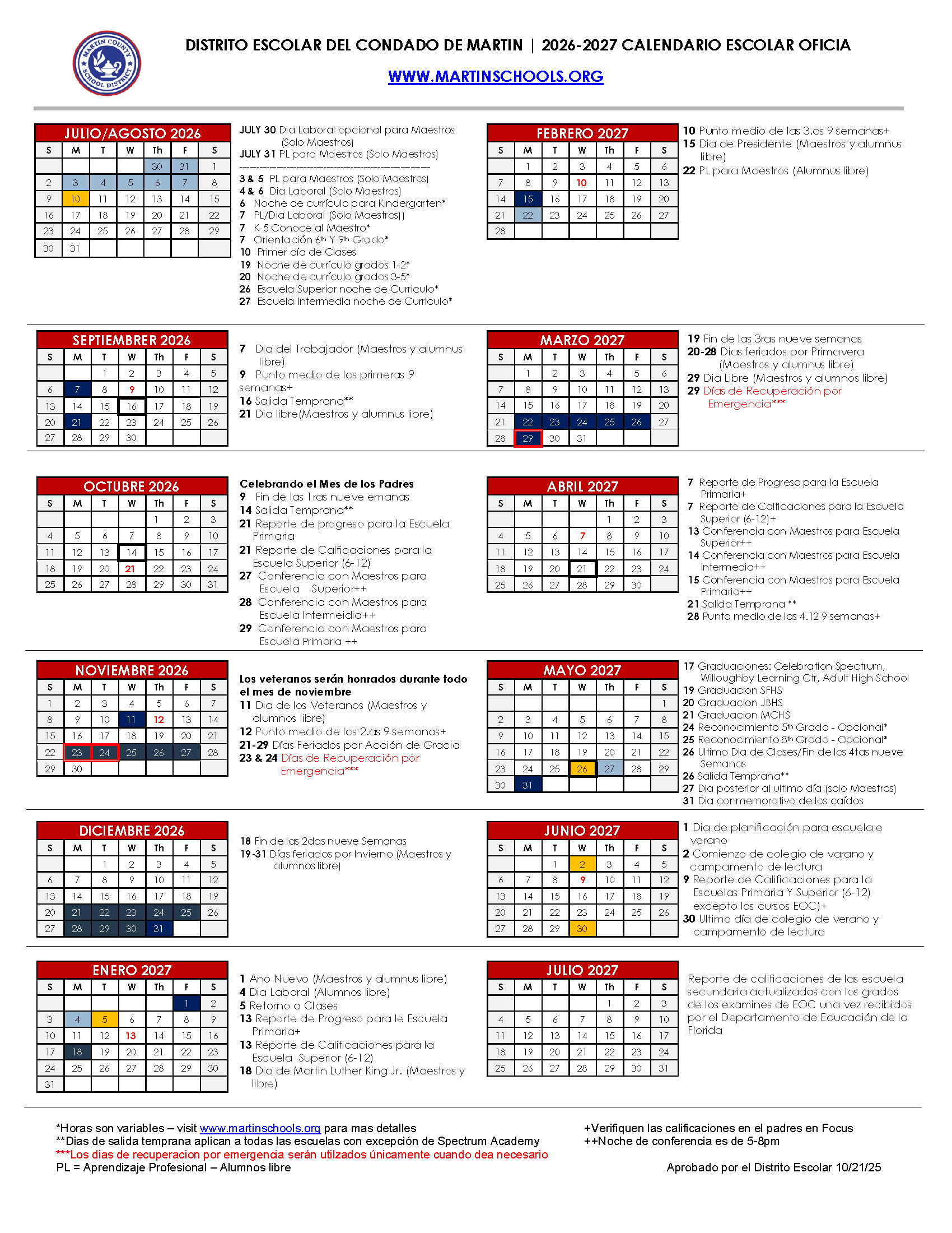2026-2027 Spanish School Calendar