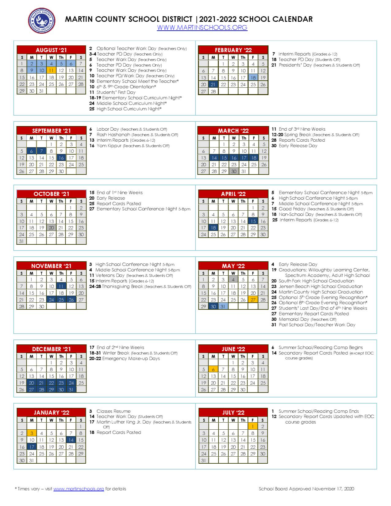 Martin County School Calendar 2022 Printable Calendar 2022