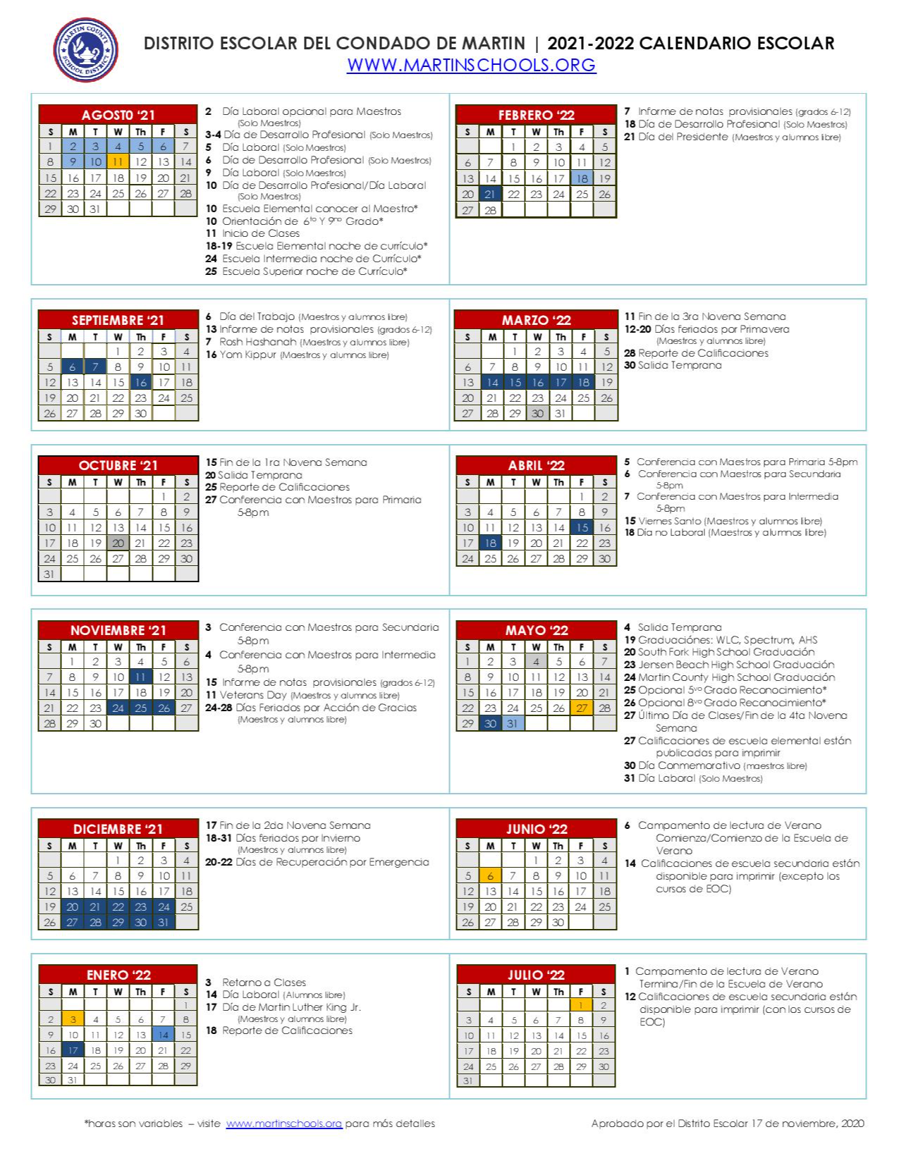 2021-2022 Calendario Escolar