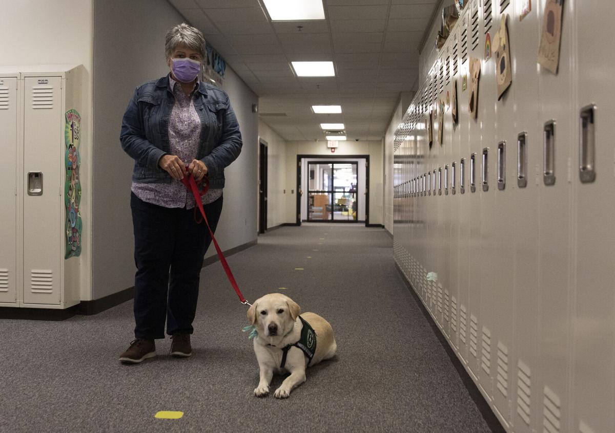 Mazy with Ms. Allen in school hallway