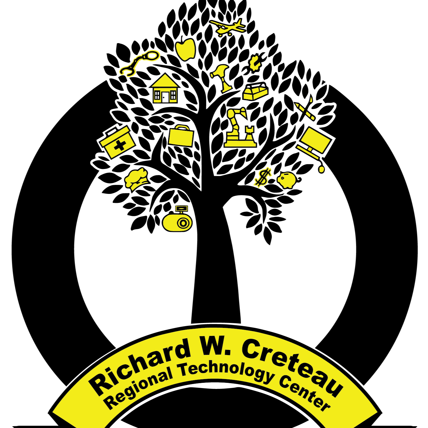 Black background with yellow icons like a house, tools, and a cross. Below are the words "Richard W. Creteau Regional Technology Center".