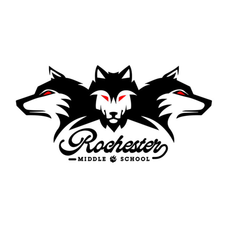 Three stylized wolves with red eyes, forming a circle. "Rochester Middle School" written in cursive below the wolves.