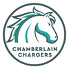 A white horse with blue mane and tail forms the logo for the Chamberlain Chargers.