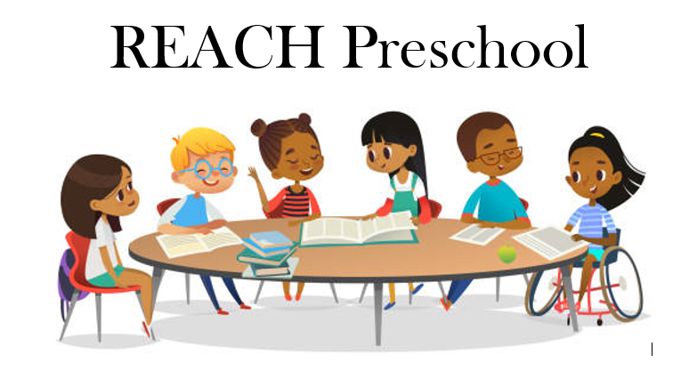 REACH Preschool name with a picture 6 children sitting at a table