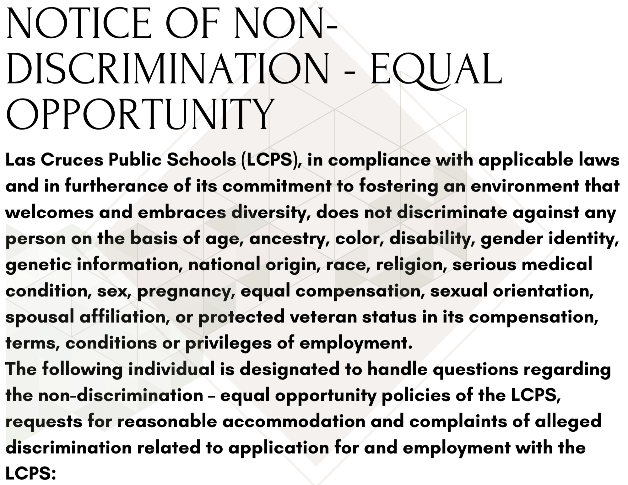 NOTICE OF NON-DISCRIMINATION - EQUAL OPPORTUNITY