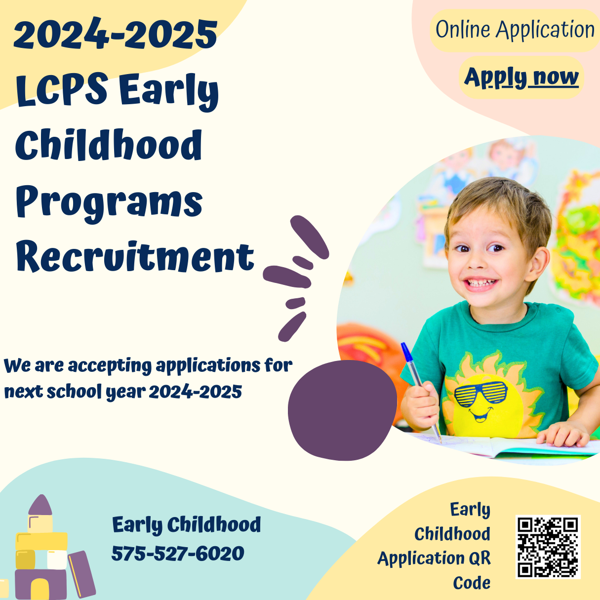 We are accepting applications for next school year 2024-2025. For NM PreK, your child must be 4 years old before Sept. 1, 2024. For Head Start, your child must be 3 or 4 years old before Sept 1, 2024