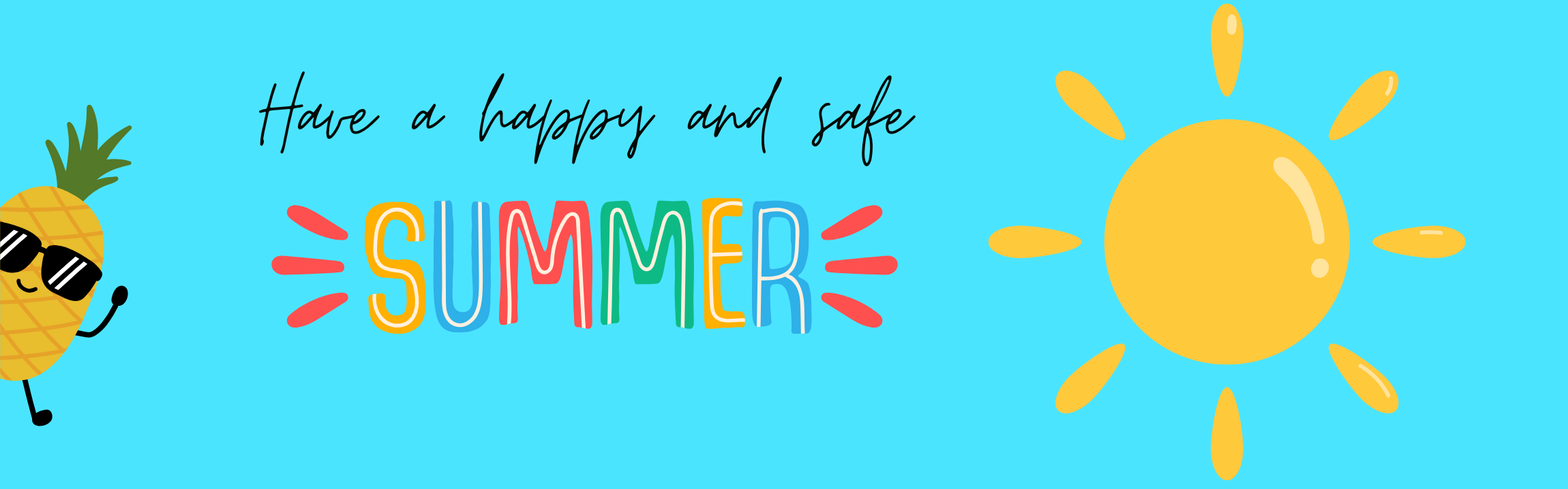 aqua graphic with a summer message, links to calendars