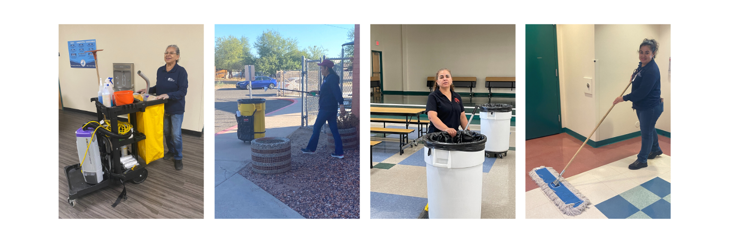 4 pictures of 4 custodians picking up trash in the school parking lot, sweeping the floor, and throwing away trash.