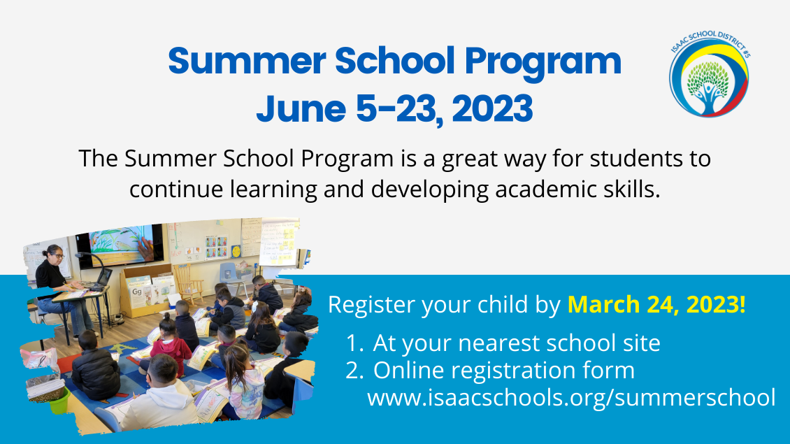Summer School Program June 5-23, 2023 Free for all Isaac School District students Monday through Friday, in person Free breakfast & lunch provided daily Targeted educational programs in English Language Arts, Math and Civics Free before and after care available from 6 AM-6 PM Afternoon enrichment opportunities 