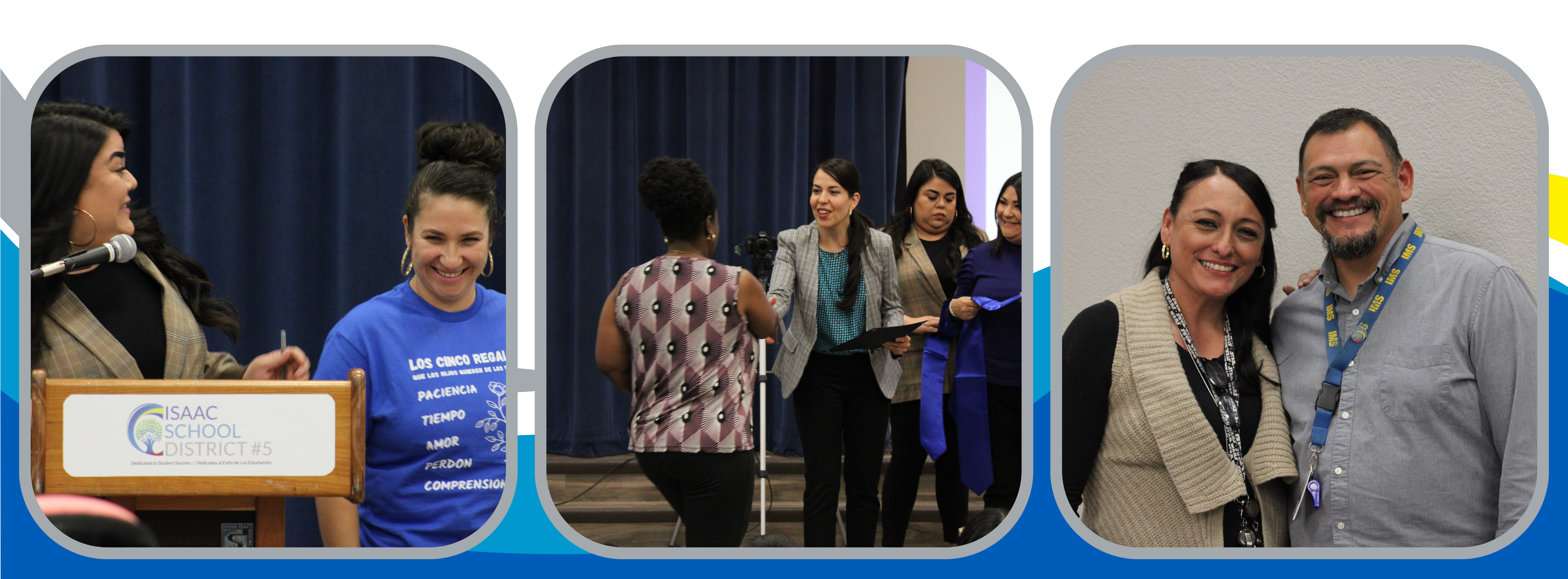 three photos from ISD Family Leadership Institute graduation.  first photo shows director speaking at podium with parent smiling, second photo shows parent receiving her certificate and shaking assistant superintendent's hand and last photo shows a parent educator and principal smiling for photo