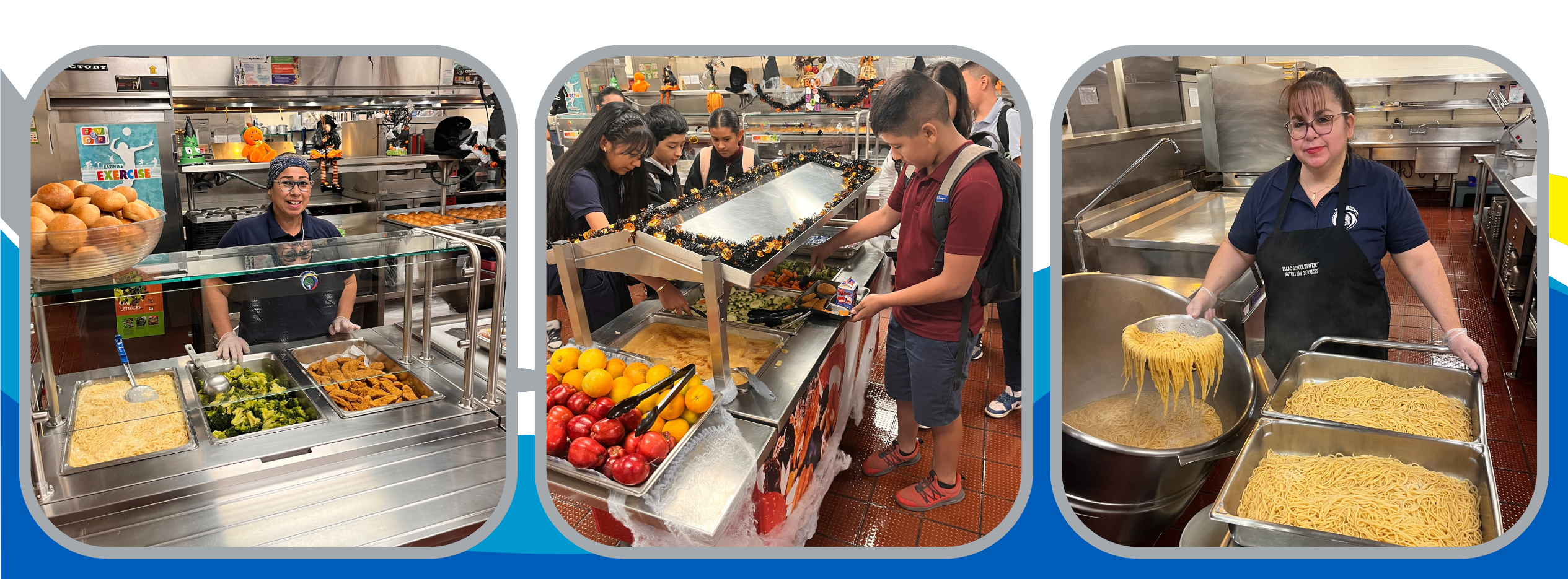 3 pictures, first picture is of a cafeteria worker standing behind the food line within a school cafeteria , second picture if so students grabbing food within a lunch line in the school cafeteria, third picture is of a cafeteria worker draining noodles out of a big pot of water for the school lunch