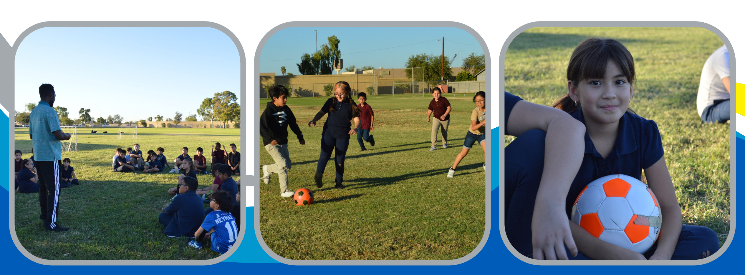 1st picture shows a teacher talking to students outdoors on the soccer field, second picture shows students playing soccer, third picture shows a female student holding a orange and white soccer ball