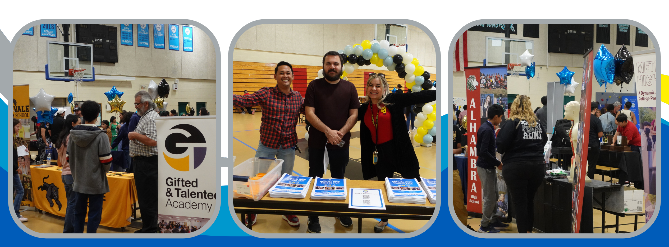 A vibrant high school fair held in a gymnasium with several booths showcasing different schools. The scene includes colorful balloon arrangements and banners for schools like the Gifted & Talented Academy and Alhambra High School. Representatives and visitors, including adults and students, engage in conversations and gather information from each booth.