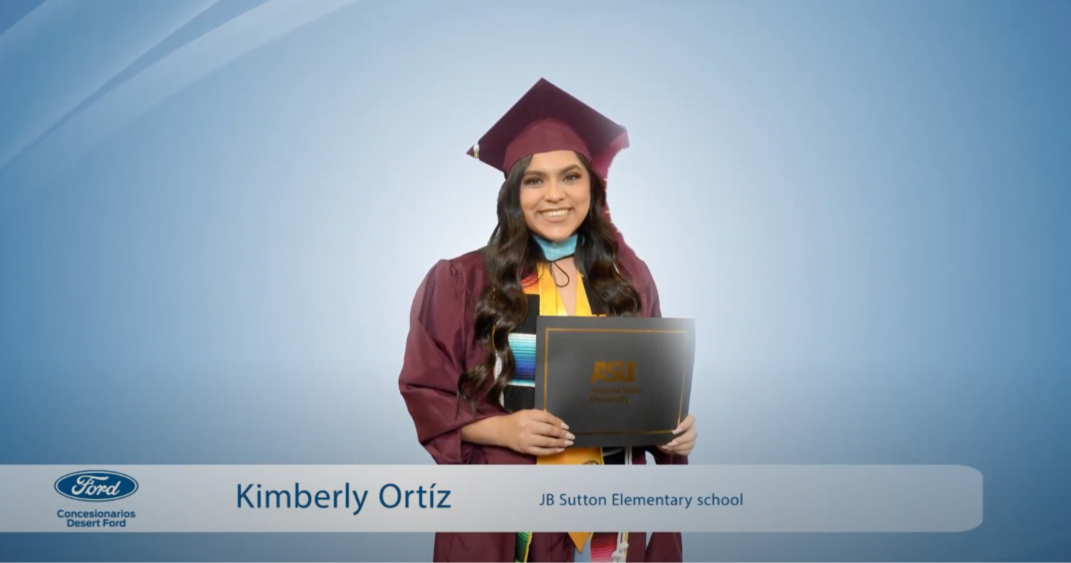 Kimberly Ortiz, teacher at J.B. Sutton Elementary School in her university graduation cap and gown pictured during a Desert Ford Dealers 30 second commerical