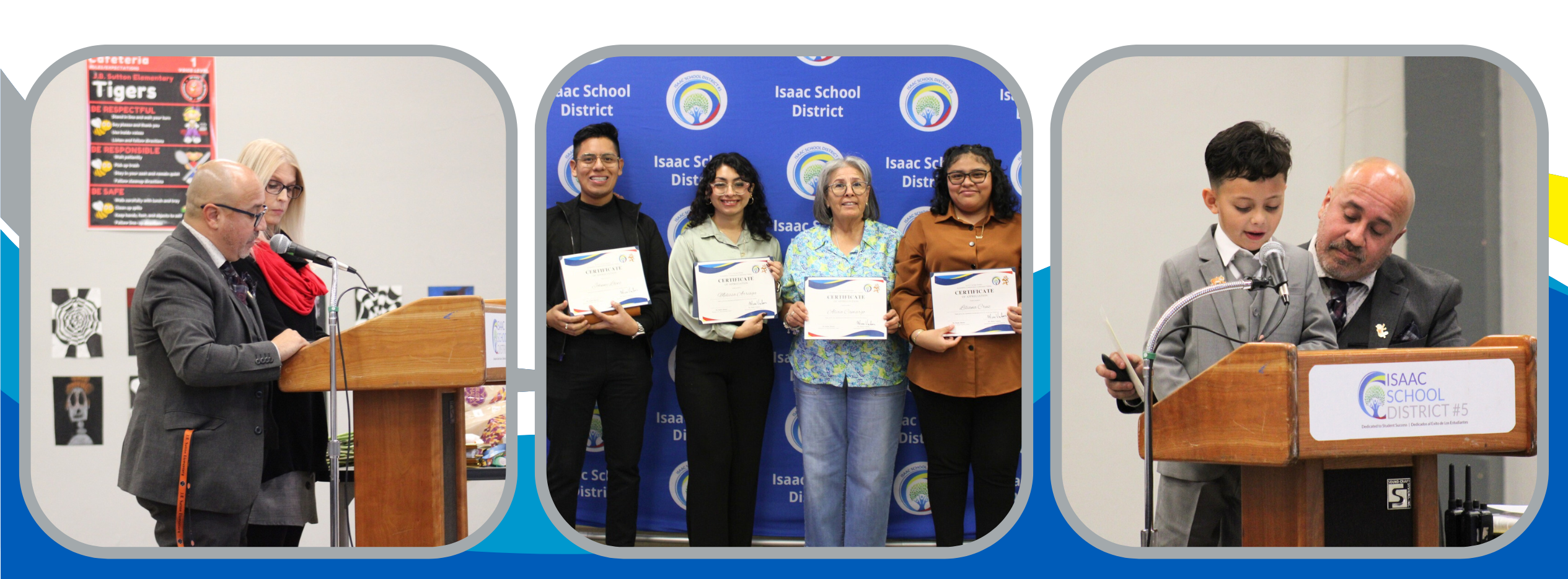 3 pictures, the first picture show a school principal and assistant principal reading at a podium during a Governing Board Meeting, the second picture shows 4 school staff members with their certificate of appreciation in front of a school district blue backdrop, the third picture shows a kindergarten male student reading at a podium with the help from their school principal