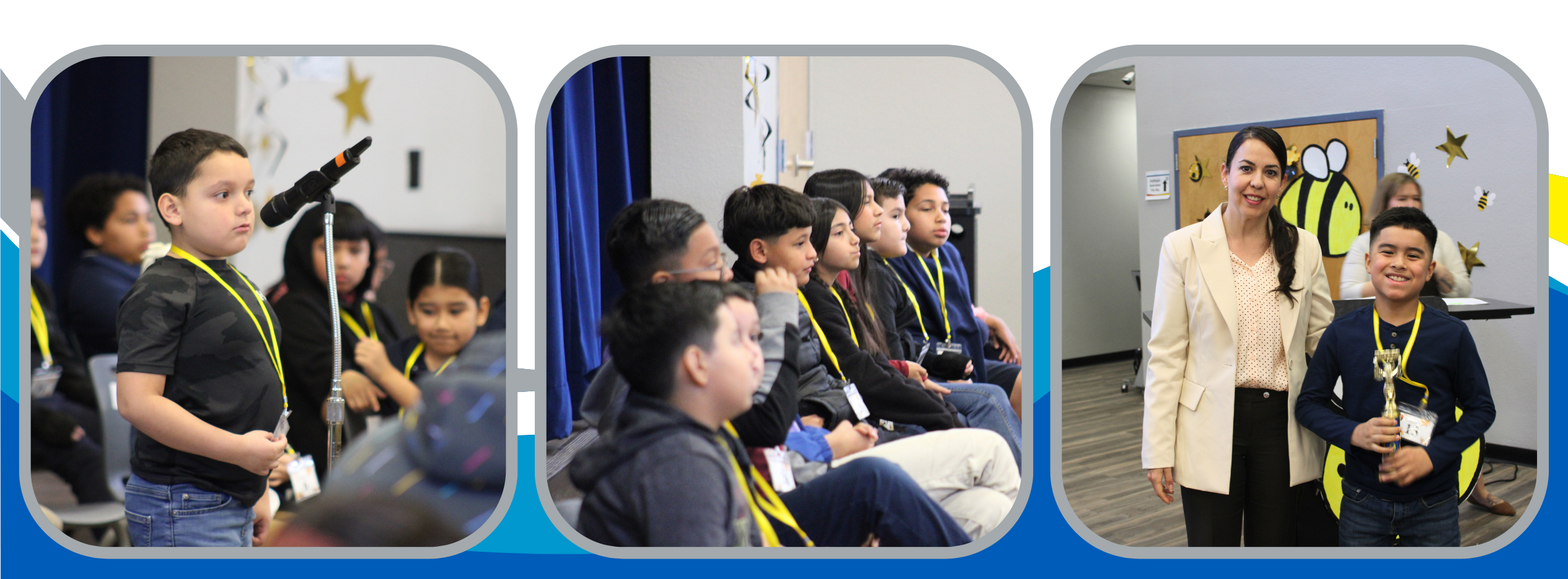 Three photos showcasing an event with elementary students. The first image shows a young boy standing confidently at a microphone. The second image captures a group of students sitting attentively, wearing yellow lanyards. The third image features a boy holding a trophy, smiling alongside an adult, with a bee-themed backdrop in the background.