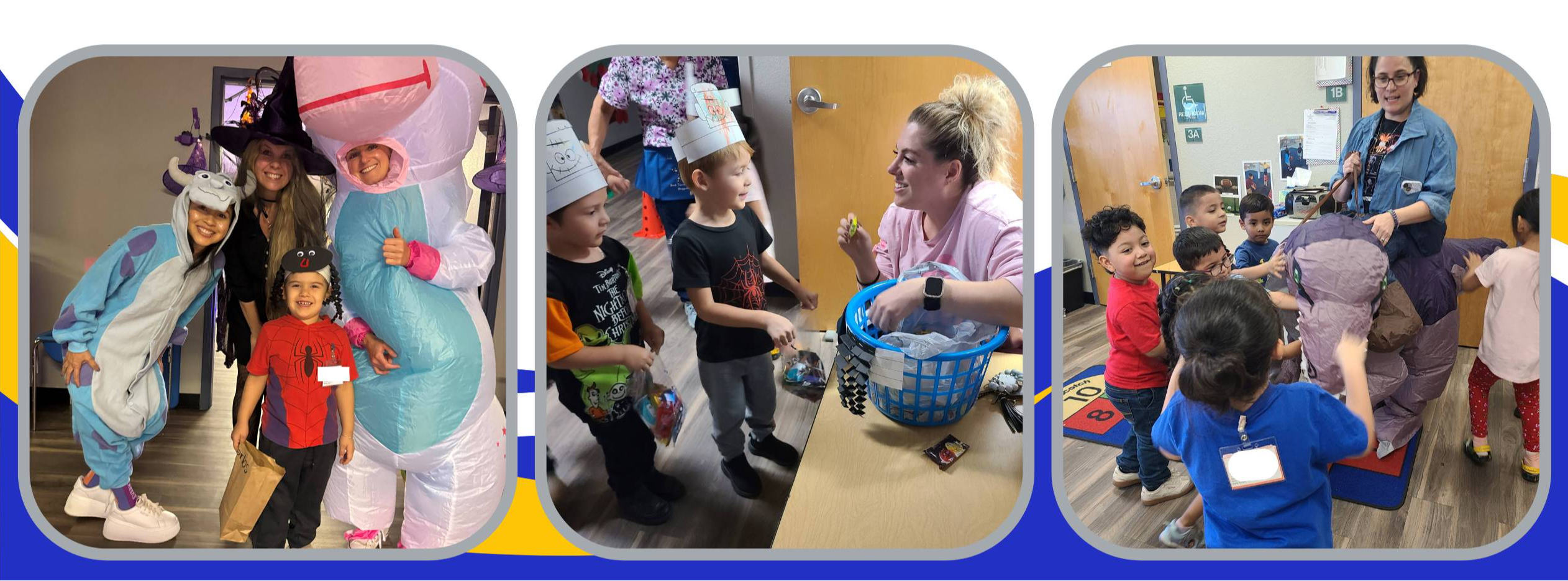 3 pictures, a boy in a spiderman shirt with teachers dressed as Sully, a witch, and a unicorn, a teacher passing out treats to 2 children during the please and thank you parade, and the preschool coordinator in a dinosaur costume taking a ride into a classroom. 