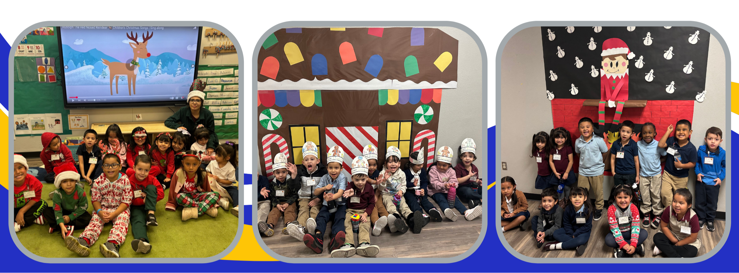 3 graphics, the first is a classroom sitting together on the carpet during red and green day, the second is a classroom sitting together in the hallway wearing hats in front of a giant gingerbread house. The third is a class sitting and standing in front of a fireplace with a giant elf on a shelf on top of a fireplace.