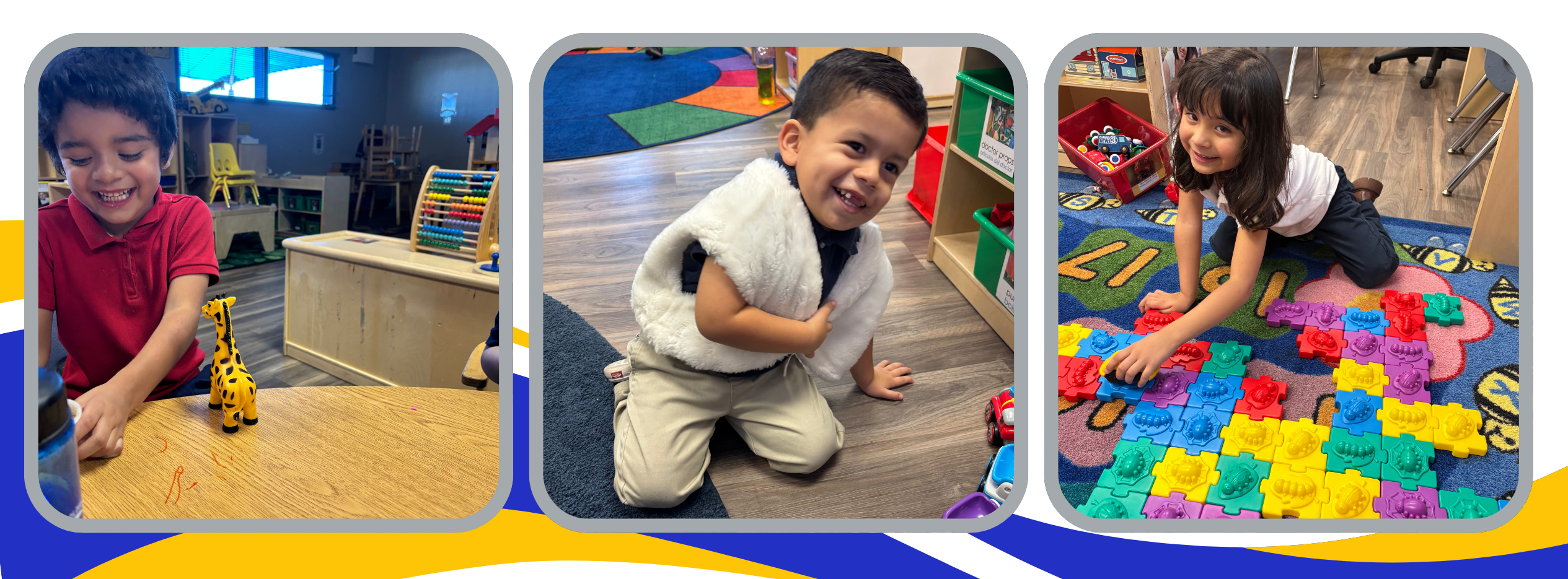 Three images: first of a boy smiling and playing at a table, second is a boy playing in his classroom, and third is girl smiling while completing a floor puzzle