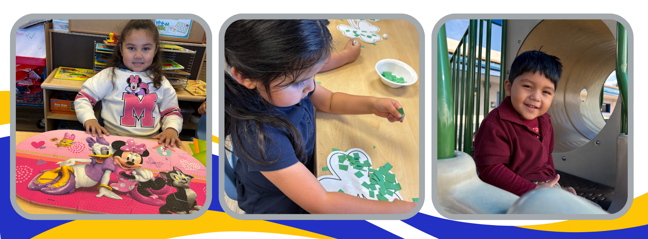 Three images: first of a girl smiling and posing with a finished puzzle, second is a girl doing a  craft in her classroom, and third is boy smiling while sitting at the top of the slide