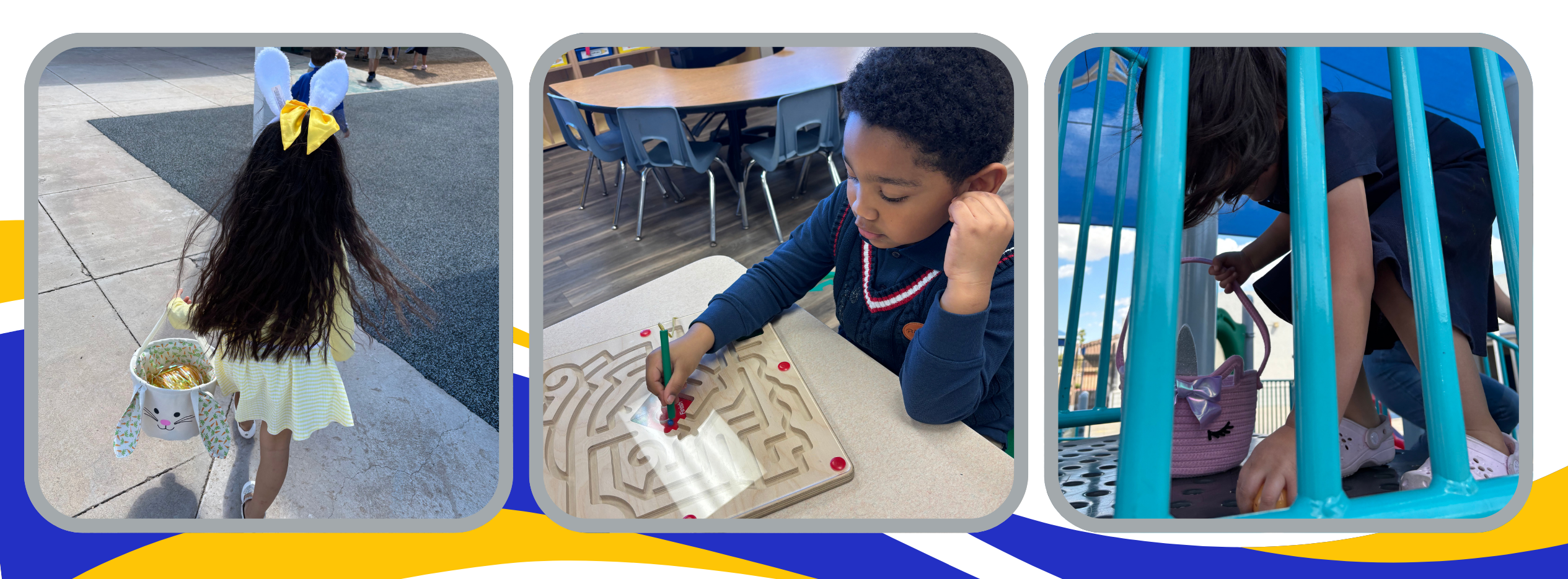 Three images: Girl wearing bunny ears walking away holding a bunny basket, boy completing a puzzle, and a girl picking up an Easter egg