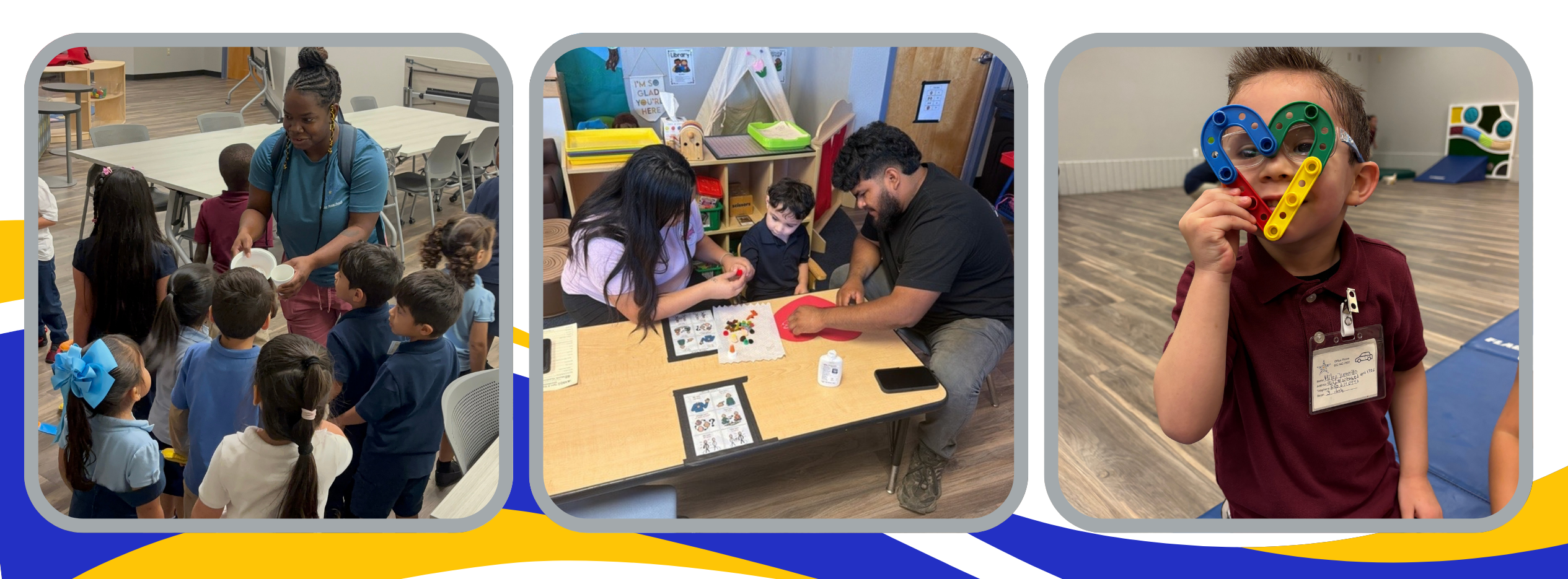 Three images: Teacher doing a project with students, parents doing a project with their son, and a boy holding a heart-shaped toy to his face
