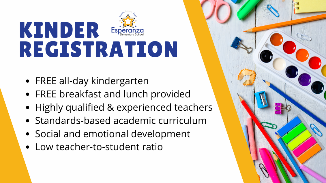 Kinder Registration FREE all-day kindergarten FREE breakfast and lunch provided Highly qualified & experienced teachers Standards-based academic curriculum Social and emotional development Low teacher-to-student ratio