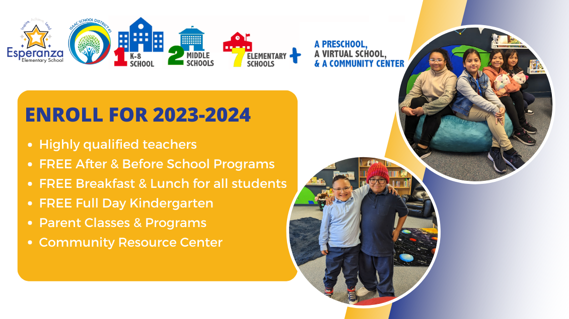1 k-8 school, 2 middle schools, 7 elementary schools, a preschool, a virtual school, and a community center. Enroll for 2023-2024 Highly qualified teachers FREE After & Before School Programs FREE Breakfast & Lunch for all students FREE Full Day Kindergarten Parent Classes & Programs Community Resource Center