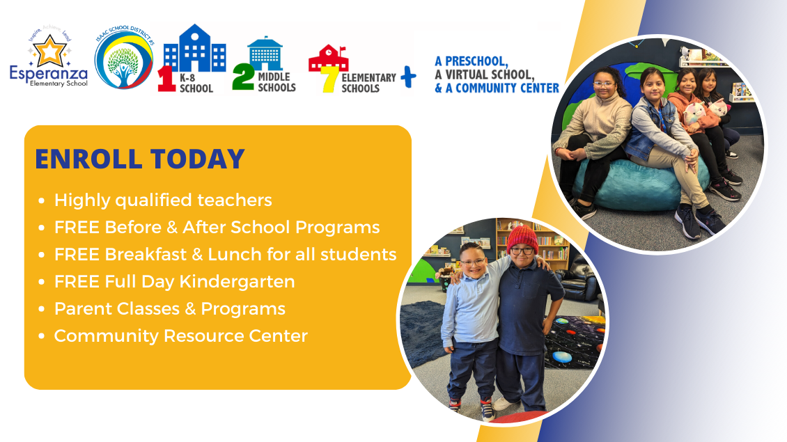 1 k-8 school, 2 middle schools, 7 elementary schools, a preschool, a virtual school, and a community center. Enroll today Highly qualified teachers FREE After & Before School Programs FREE Breakfast & Lunch for all students FREE Full Day Kindergarten Parent Classes & Programs Community Resource Center